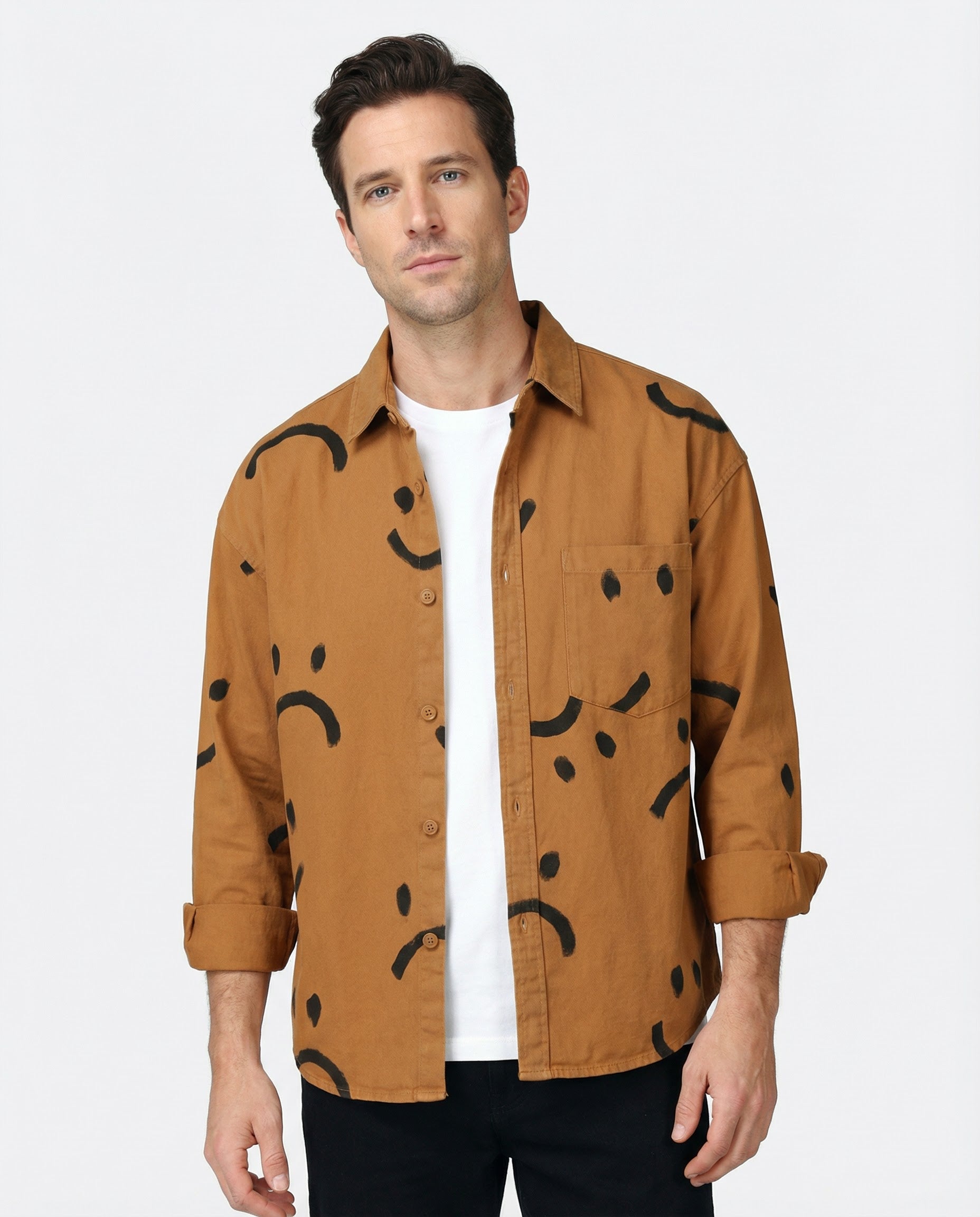 Cole_MenCasualFitLongSleeveShirtWhiteProductOrangeModel